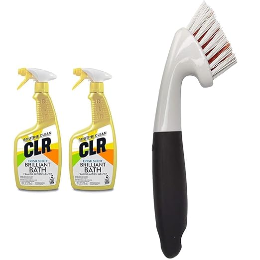 CLR Brilliant Bath Foaming Bathroom Cleaner Spray - For Use On Toilet, Bath, Shower, Sink, Glass, Stainless Steel - Fresh Scent, 26 Ounce Bottle (Pack Of 2) & OXO Good Grips Grout Brush