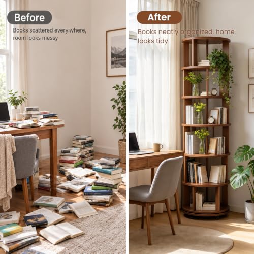 6 Tier Solid Wood Bookshelf with Wheels, 360° Rotating Book Shelf - Image 7
