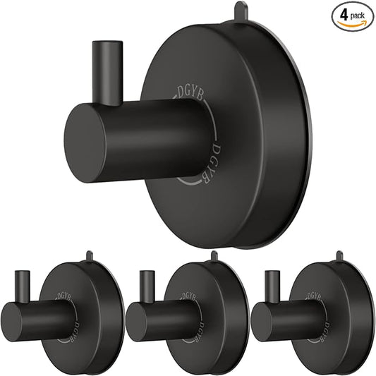 DGYB Black Suction Cup Hooks for Shower Set of 4 Bathroom Towel Hooks for Wall SUS 304 Stainless Steel Vacuum Hooks for Loofah 15 LB Glass Shower Door Hook