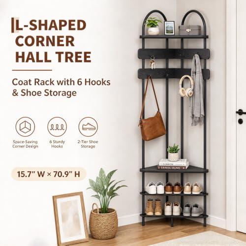 Corner Hall Tree for Entryway, Coat Rack with Shoe Storage - Image 6