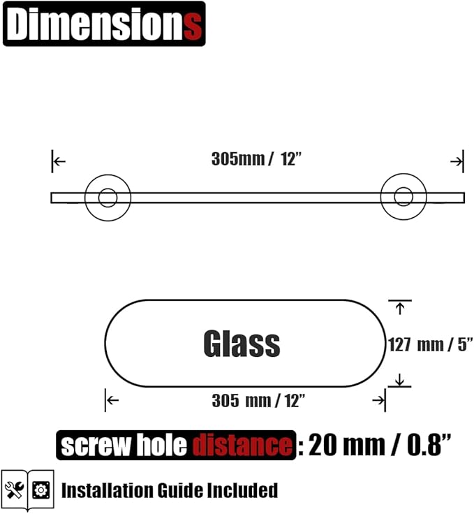 JQK Bathroom Glass Shelf Black, Tempered Glass Shower Storage 12 by 5 inches, 304 Stainless Steel Matte Black Wall Mount, TGS121L12-PB