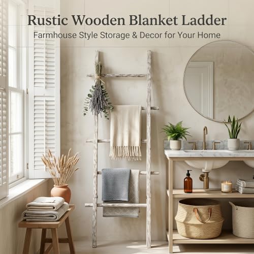 Solid Wood Blanket Ladder, 5-Tier Towel Rack with Hooks - Image 5