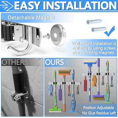 3-H Magnetic Broom Holder, 2 Pack, 3 Racks & 4 Hooks, Silver - Image 6