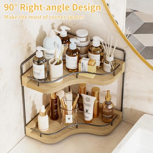 2-Tier Corner Bathroom Counter Organizer, Larger, Light Walnut - Image 6
