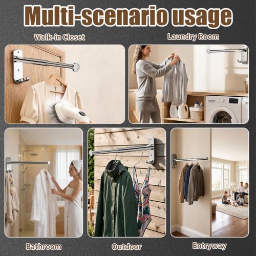 2 PACK Wall Mounted Clothes Drying Rack Pull Out Valet Rod - Image 5