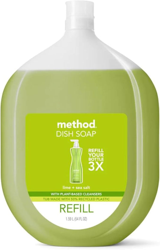 Method Gel Dish Soap Refill, Lime + Sea Salt Scent, Powerful Cleaning Formula, Large Refill Tub, Cuts Through Grease, 54 Fl Oz