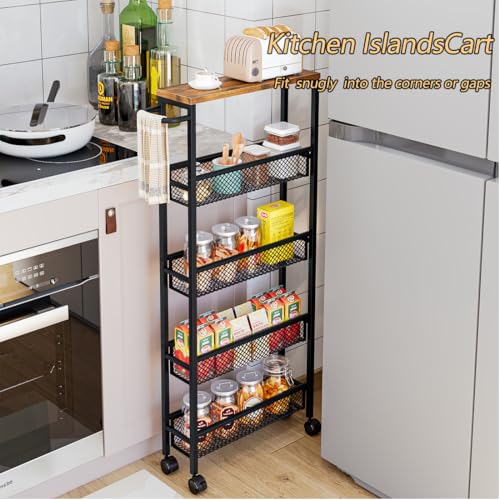 AZERPIAN Slim Rolling Cart 5 Tier Narrow Storage Car | Pull Out Organi - Image 3