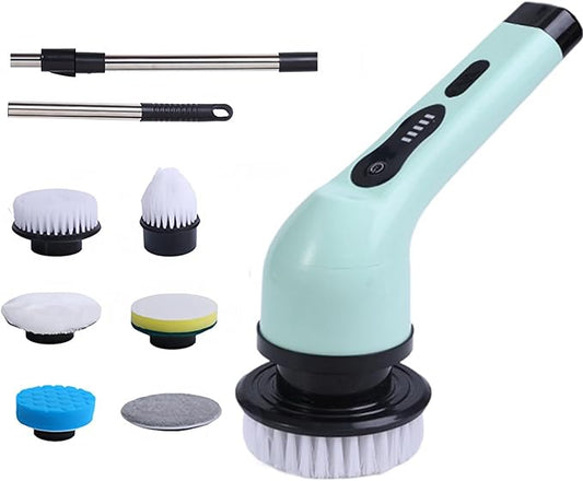 Cordless Spin Scrubber, IPX6 Rated Electric Cleaning Brush w9 Heads and Extension Arm for Bathroom, Tile, Kitchen - Green ABS (6 Replaceable Brush Head)