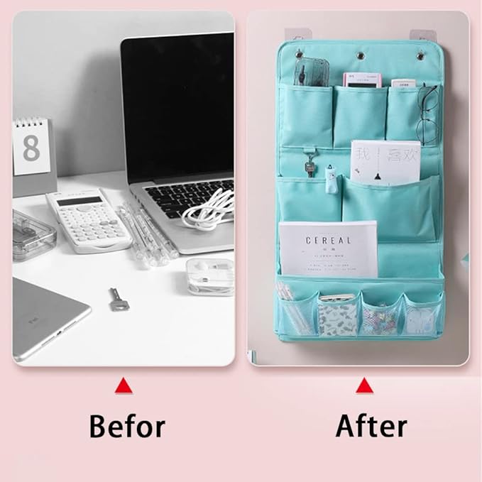 HSLFUAI Hanging Organizer with Pockets – Wall & Door Storage Bag with 3 Sticky Hooks – Hanging Storage Organizer for Bathroom, Bedroom, Closet, Dorm, Washing Table (3Layer, Blue)