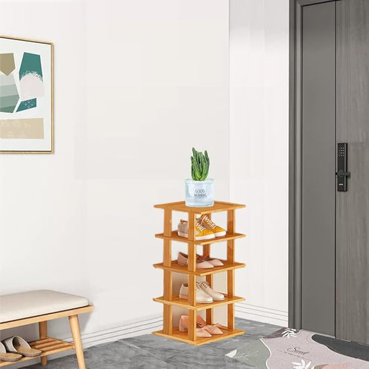 Bamboo Vertical Shoe Rack for Entryway,Narrow Shoe Rack Stackable,Minimalist Shoe Storage,5 Tier Standing Shoe Organizer for Garage Corner Bedroom Hallway(Bamboo Color,5-Tier)
