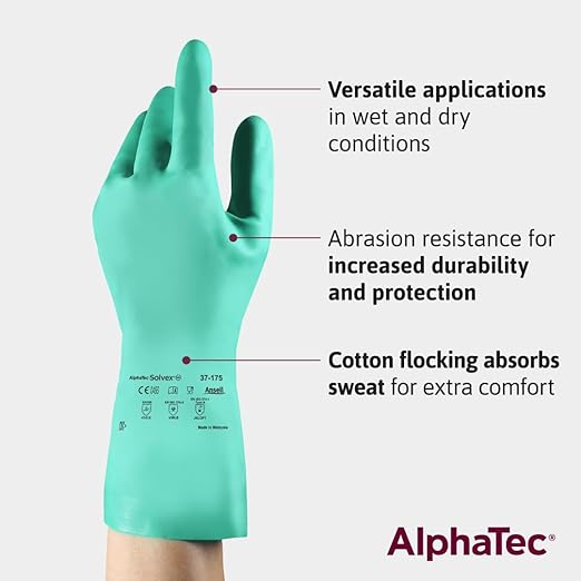 Ansell AlphaTec Solvex 37-175 Flocked Chemical-Resistant Gloves for Cleaning, Agriculture, Food, Mechanics, Oil - Med, Green (12 Pairs)