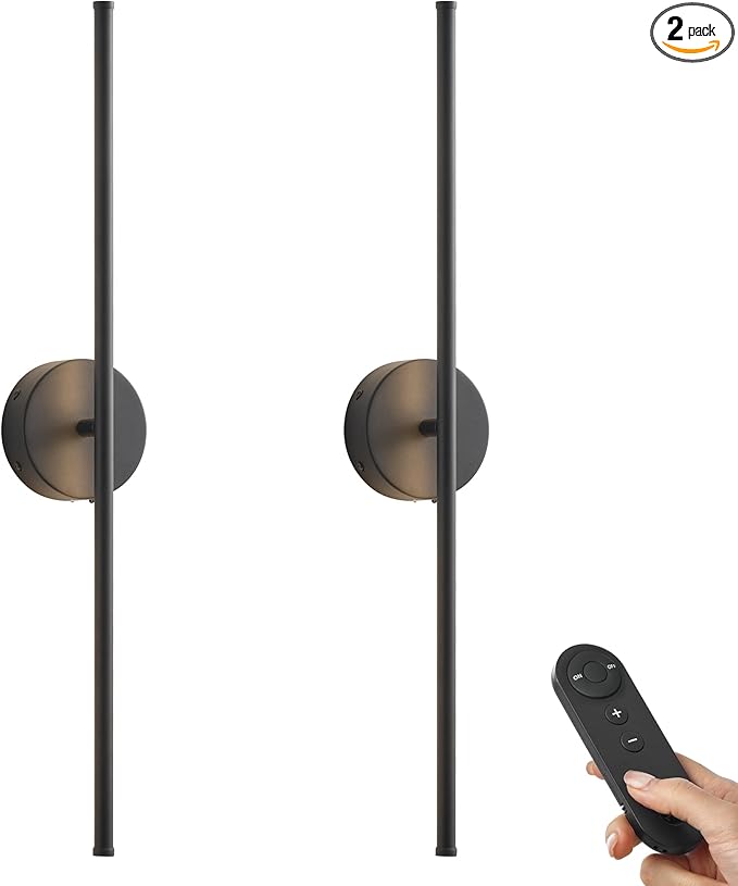Battery Operated Wall Sconces, Dimmable Wall Sconces Set of Two, 350°Rotate, 3000K LED Black Wireless Wall Light for Living Room, Bedroom,Hallway, 32.2 Inch (2 Pack)