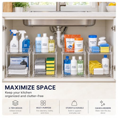 2 Pack 2-Tier Clear Under Sink Organizer with Pull-Out Drawers - Image 3