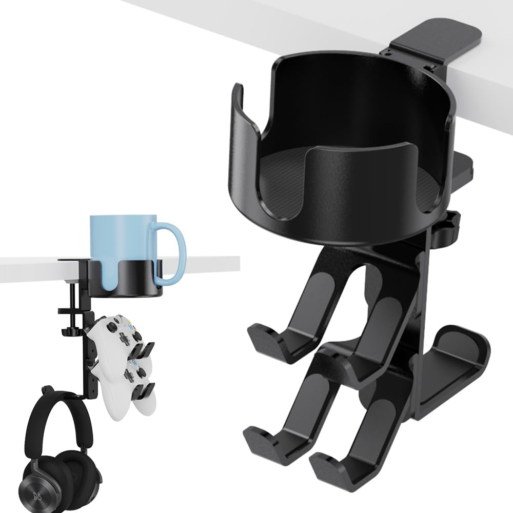 360° Rotating Desk Cup Holder with Headset Hanger - Image 1