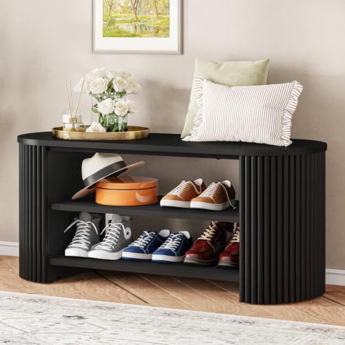 Oval Fluted Entryway Bench, Wood Shoe Bench | Home Organization - Image 2