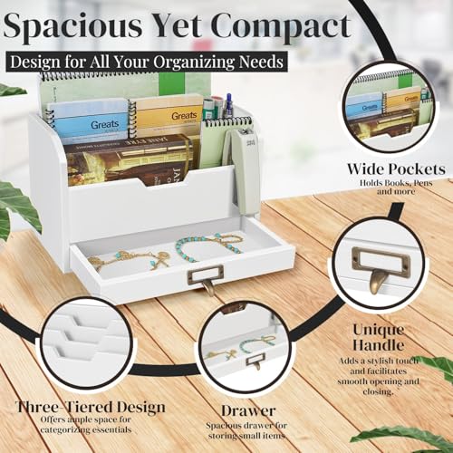Flexzion Wood Desk Organizer, 3-Tier Mail Organizer with Drawer - Image 5