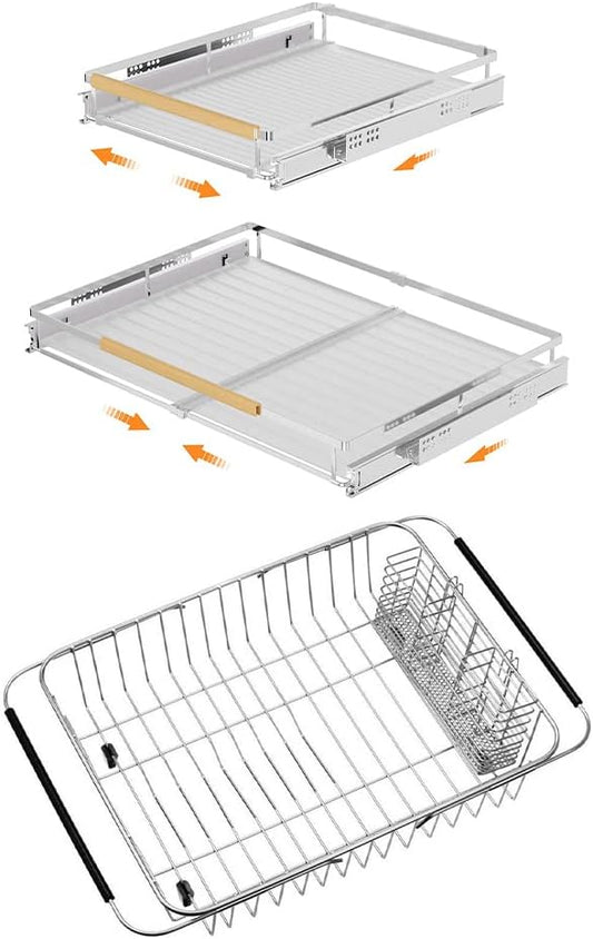 SANNO Expandable Pull Out Cabinet Shelf,Under Sink Slide Out Cabinet Organizer, Pots Pans Kitchen Organizer Basket Dish Drying Rack with Stainless Steel Utensil Holder Large Dish Rack Drainer