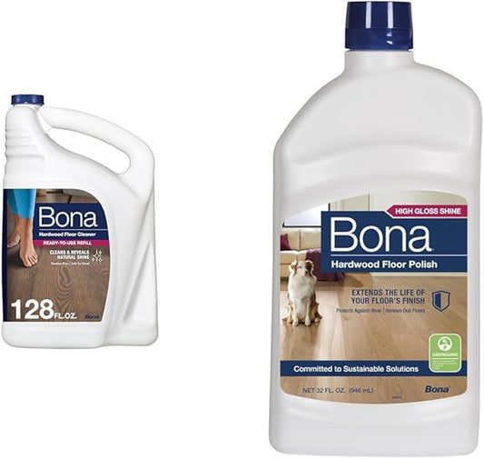 Bundle of Bona Hardwood Floor Cleaner Refill 128 Fl Oz Unscented, Refill for Spray Mops and Spray Bottles, Floor Cleaning Solution + Bona Hardwood Floor Polish 32 Fl Oz, High Gloss Shine