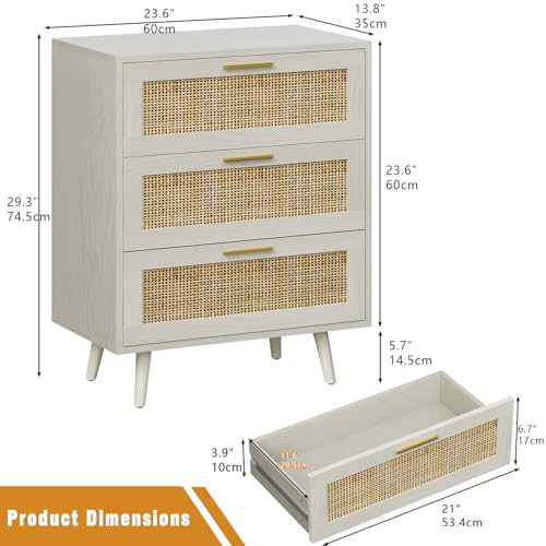 Trironsun Rattan Night Stand Boho End Table with 3 Storage Drawer - Image 3
