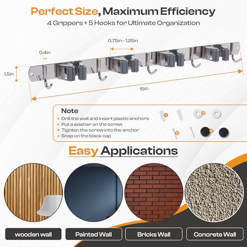 Stainless Steel Broom Holder Wall Mount, 4 Racks & 5 Hooks - Image 3