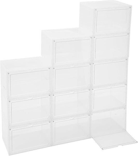 12 Pack Stackable Shoe Box,Semi-Transparent Plastic Sneaker Box,Free Standing Shoe Containers,Acrylic Shoe Display Case,Sneaker Storage,for Shoes,Clothes, Purses,13.39 * 10.63 * 8.66in (Clear)