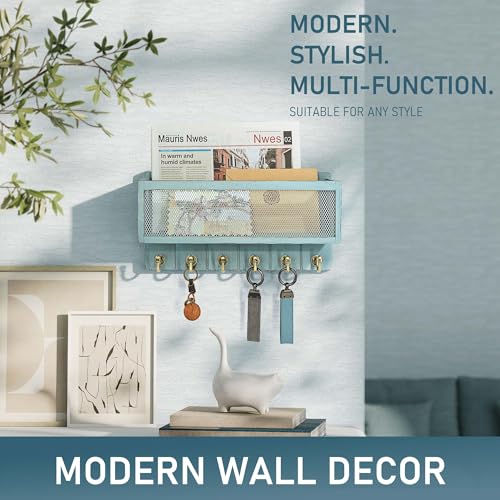 Key Holder Wall Mount with Mail Basket for Home Decor, Blue - Image 6