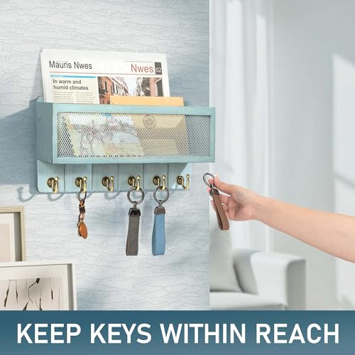 Key Holder Wall Mount with Mail Basket for Home Decor, Blue - Image 4