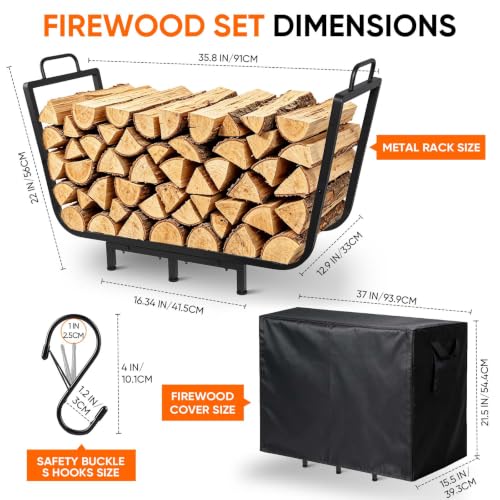 35” Firewood Rack Outdoor with Cover & Hooks, Heavy Duty - Image 3