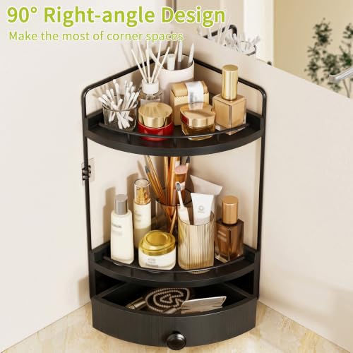 2-Tier Corner Bathroom Counter Organizer with Drawer, Black - Image 6