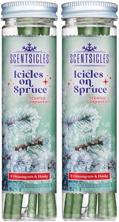 Scentsicles Icicles on Spruce Scented Christmas Ornament Sticks with 6 Hooks - 2 Bottles (12 Sticks Total)