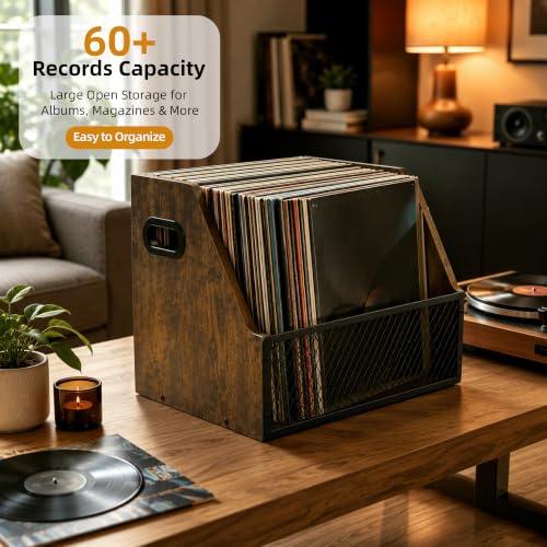 Vinyl Record Storage Crate for 60+ Records, Wooden Record Holder - Image 5