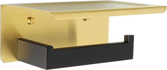 Alise Toilet Paper Holder with Shelf,SUS304 Stainless Steel Toilet Paper Roll Holder Bathroom Tissue Holder Storage Dispenser,Self Adhesive or Wall Mount Drilling,Gold and Black Finish