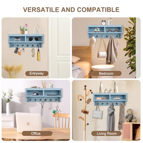Key Holder Wall Mount with Mail Organizer, 6 Hooks & Shelf, Blue - Image 6