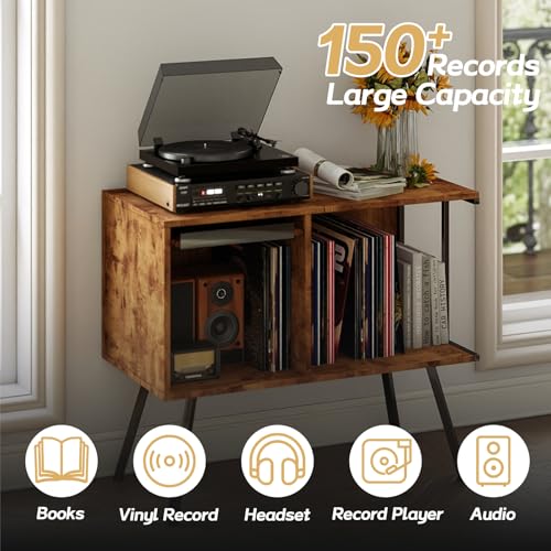 Record Player Stand with Flip-Down Record Shelf, Rustic Brown - Image 5