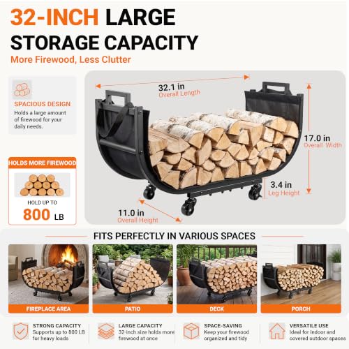 32-Inch Firewood Rack with Wheels, Rolling Firewood Cart, Black - Image 3