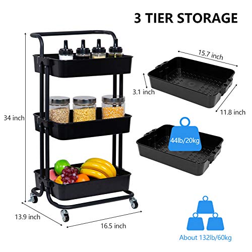 3-Tier Rolling Utility Cart with Handle,Rolling Metal Storage - Image 7