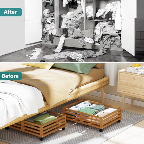 Bamboo Under Bed Storage with Wheels Rolling Underbed - Image 7