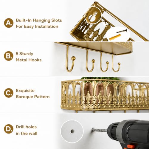 Vintage Key Holder Shelf Wall Mount Metal Mail Rack with 5 - Image 4