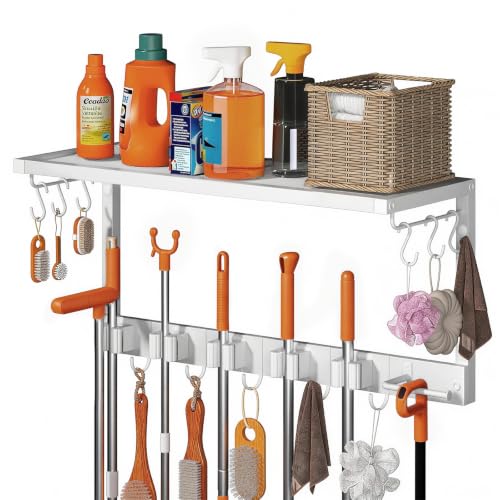 Mop and Broom Holder Wall Mount with Shelf, Heavy Duty - Image 2