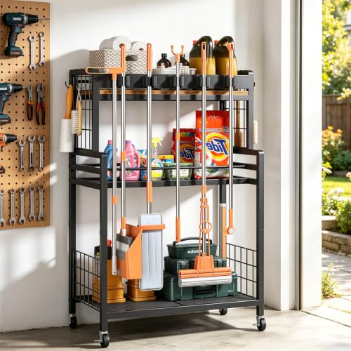 Broom and Mop Holder, 3-Tier Rolling Cleaning Supplies - Image 8