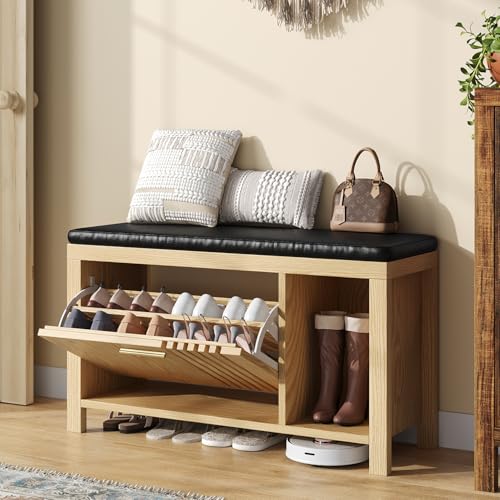 UNIQUITE 40" Shoe Storage Bench with Flip Drawers & Padded - Image 2