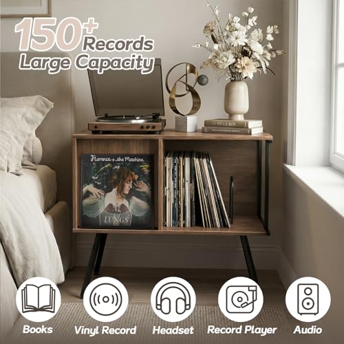 Record Player Stand with Flip-Down Record Shelf, Walnut - Image 5