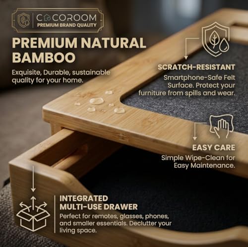 Sofa Arm Tray with Drawer, Bamboo Couch Armrest Table, Natural - Image 6