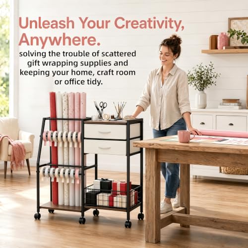 Wrapping Paper Storage Cart, Rolling Gift Wrap Rack with Wheels - Image 7