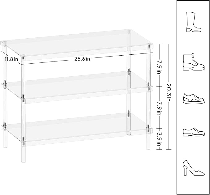 Aquiver 3-Tier Acrylic Shoe Rack - Modern Freestanding Shoe Storage Shelf for Entryway, Closet - 25.6'' L x 11.8'' W x 20.3'' H, Easy Assembly & Clean