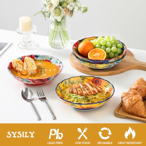 30 Oz Pasta Bowls Set of 4, 8.3 Inch Assorted Floral Ceramic - Image 5