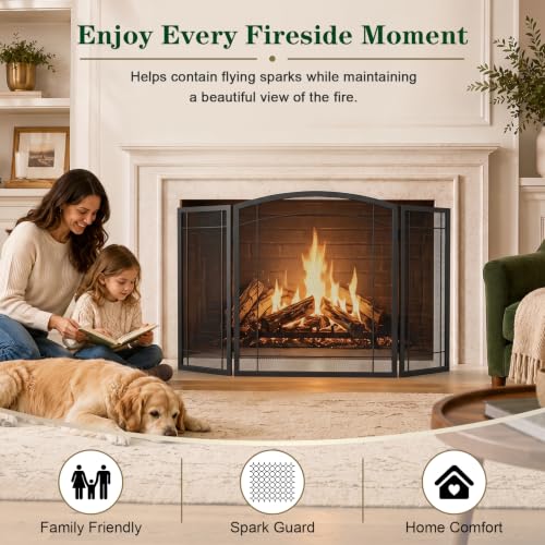 48"W X29"H Wrought Iron Fireplace Screen, 3-Panel Spark Guard - Image 5