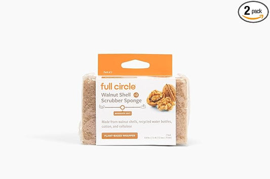 Full Circle Walnut Scrubber Sponges, Pack of 2 – Dual-Sided, Plant-Based & Recycled Kitchen Sponges, Gentle on Nonstick Cookware