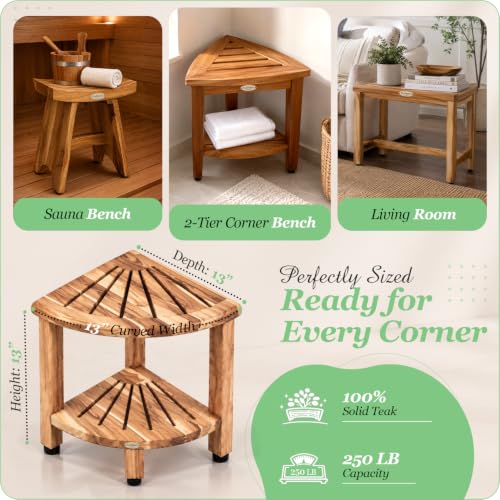 EcoDecors Corner 13" Teak Shower Bench with Shelf, Waterproof - Image 3