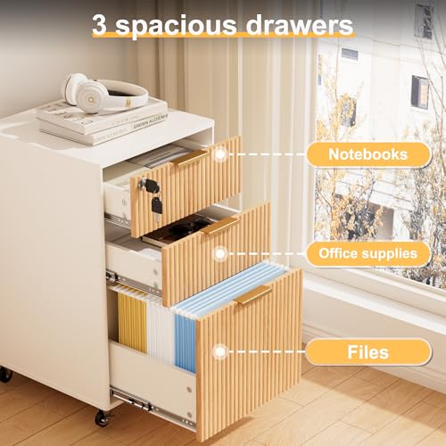 3 Drawers Fluted Mobile File Cabinet with Lock, Rolling - Image 5
